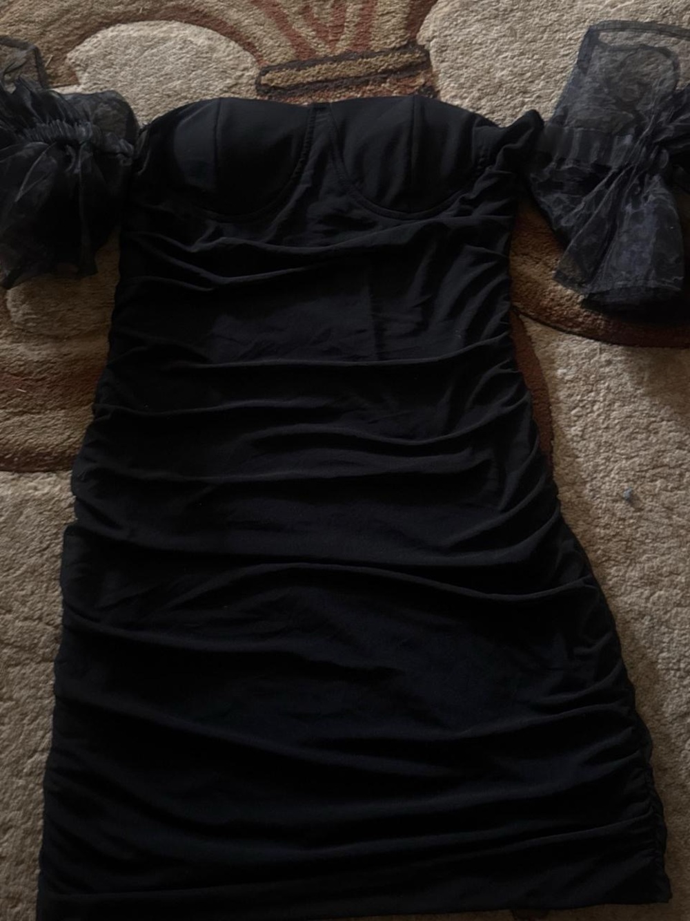 Black Off-Shoulder Ruched Mini Dress with Sheer Puff Sleeves